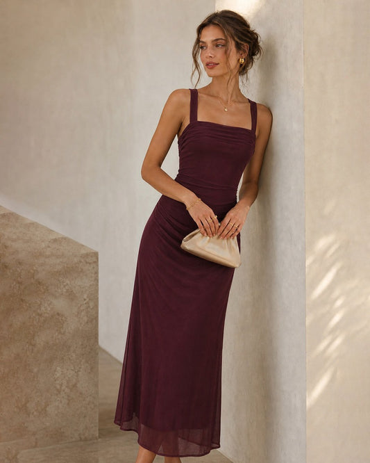 Wine Red Sleeveless Ruched Mesh Maxi Dress