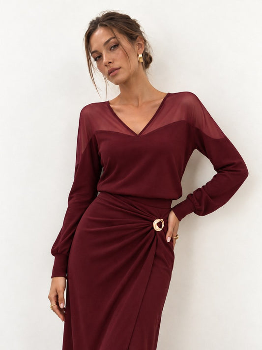 Mesh V Neck Top & Slit Midi Skirt Set