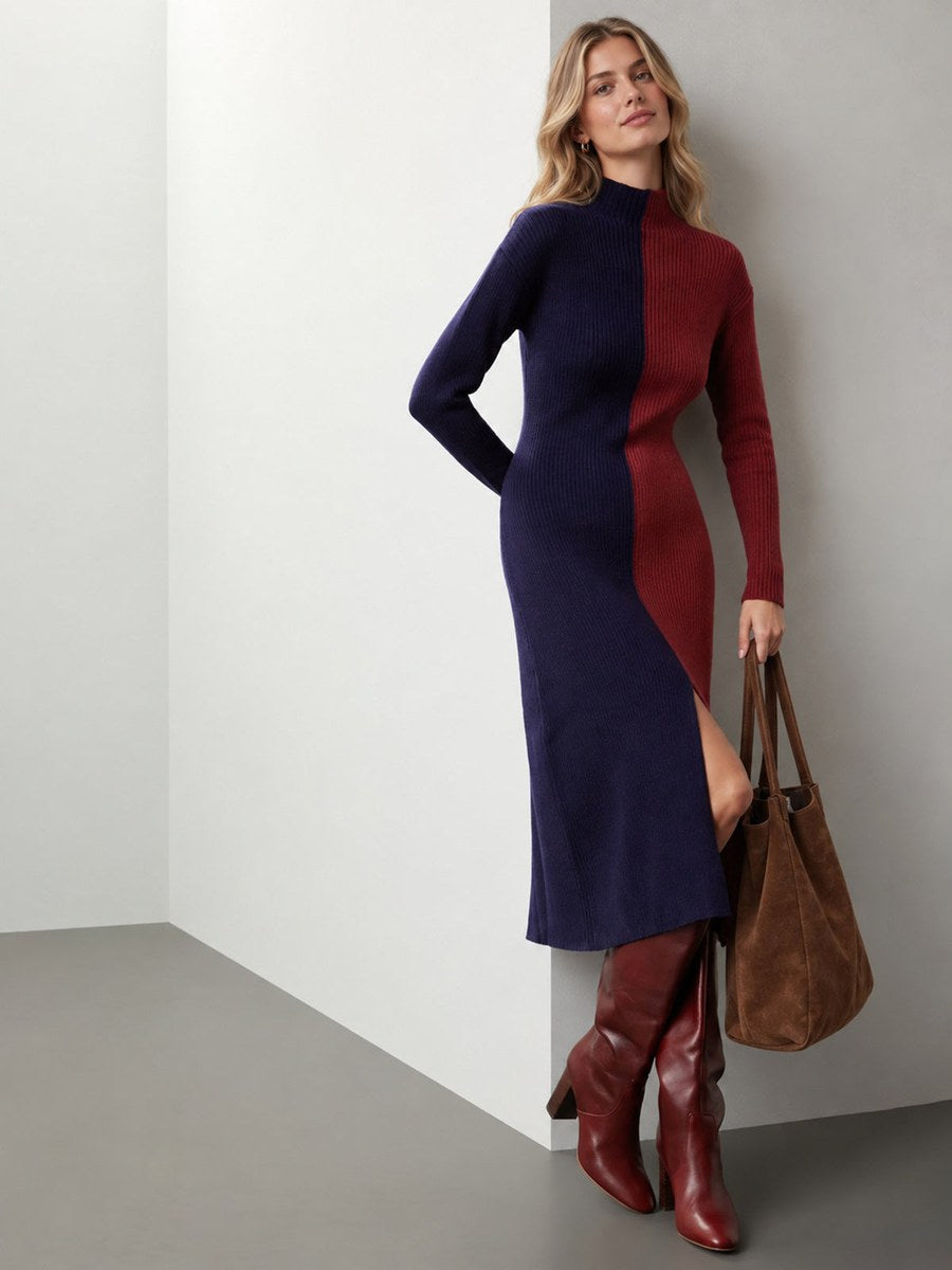 Turtleneck Two-Tone Wool Blend Midi Dress