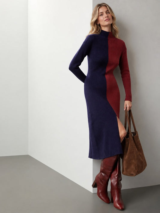 Turtleneck Two-Tone Wool Blend Midi Dress
