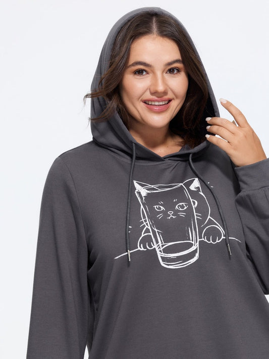 Cat Graphic Drawstring Hoodie Sweatshirt